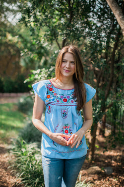 Light Blue with Multicolor Puebla Blouse