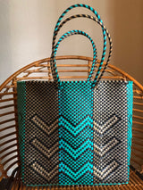 Large Turquoise, Black and Gold Woven Tote