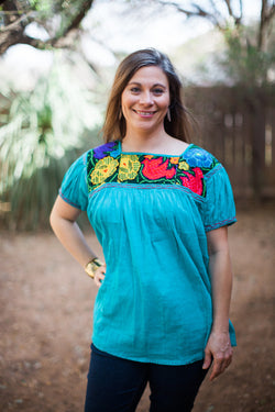 Turquoise Chiapas Blusa de Cuadrados