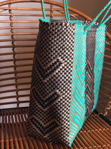 Large Turquoise, Black and Gold Woven Tote