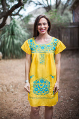 Short Yellow and Turquoise Puebla Dress