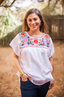 White with Multicolor Pajaro Puebla Blouse