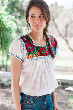 White Chiapas Blusa de Cuadrados