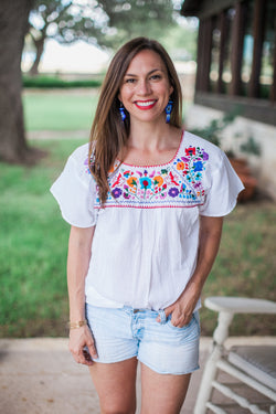 White with Multicolor Puebla Blouse