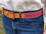 Pink and Brown Embroidered Leather Belt