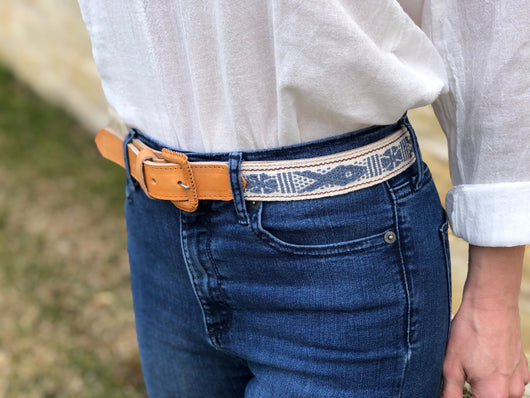 Cream and Blue Embroidered Leather Belt