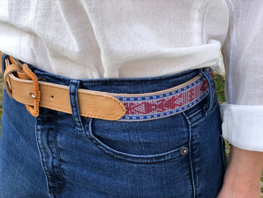 Gray, Maroon and Blue Embroidered Leather Belt
