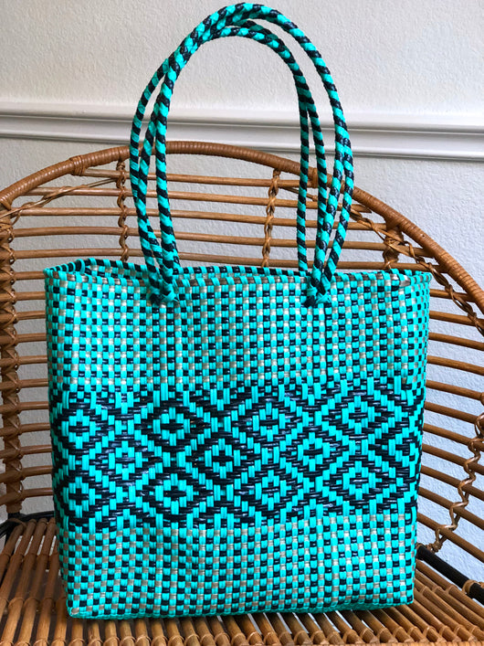 Medium Turquoise and Black with Band Woven Tote