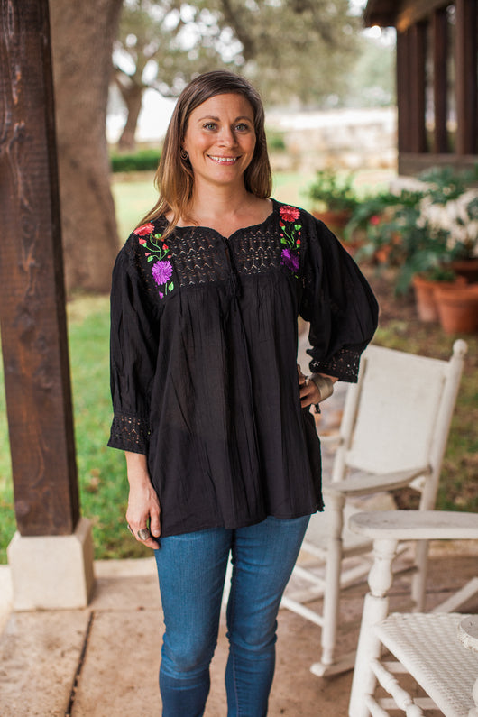 Black with Coral and Lavender Franco Blouse