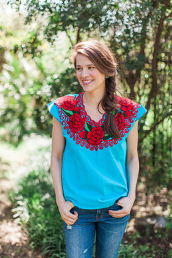 Turquoise with Red and Magenta La Bohemia Blouse