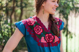Dark Teal with Red and Pink La Bohemia Blouse