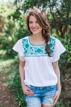 White and Green Puebla Blouse