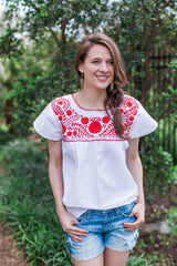 White and Red Puebla Blouse