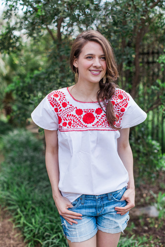 White and Red Puebla Blouse