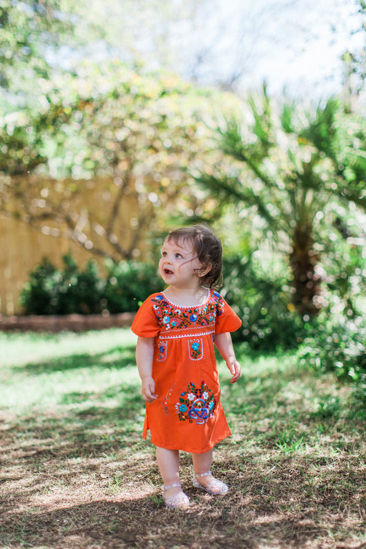 Girl's Orange with Multicolor Puebla Dress