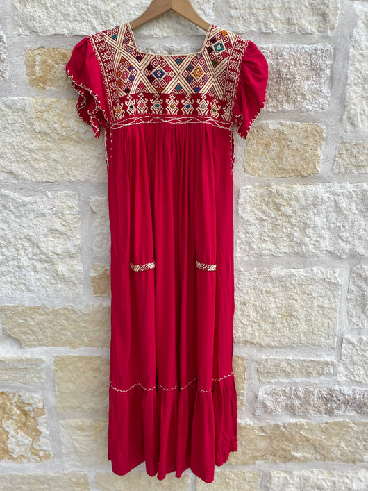 Red with Beige Flutter Sleeve San Andres Dress