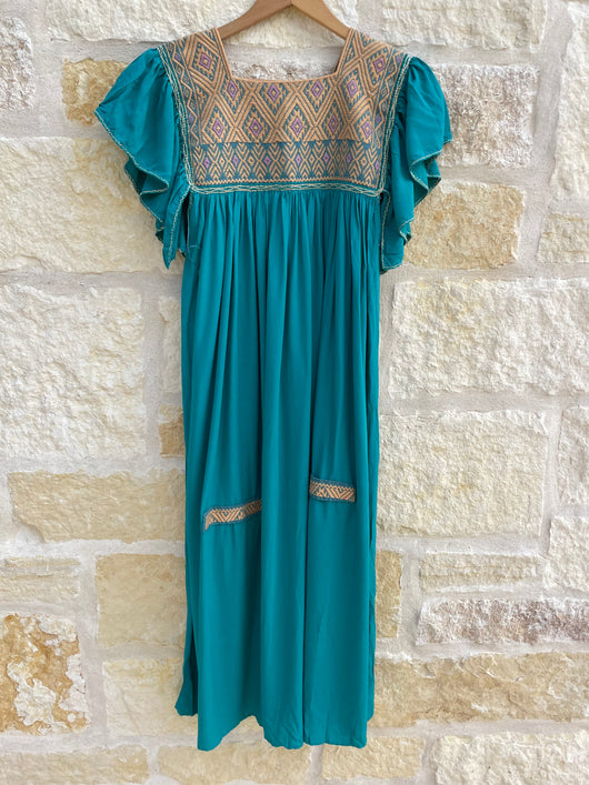 Turquoise with Beige Flutter Sleeve San Andres Dress