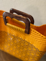 Yellow and Gold Wood-Handled Woven Tote