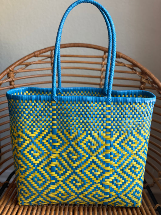 Turquoise and Yellow Woven Tote