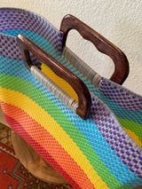 Multicolor Wood-Handled Woven Tote
