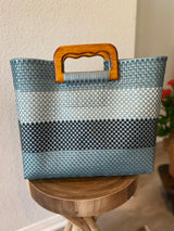 Blue, Navy and Gray Wood-Handled Woven Tote