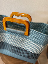 Blue, Navy and Gray Wood-Handled Woven Tote