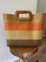 Orange, Gold and Brown Wood-Handled Woven Tote