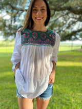 White with Teal and Magenta San Andres Blouse