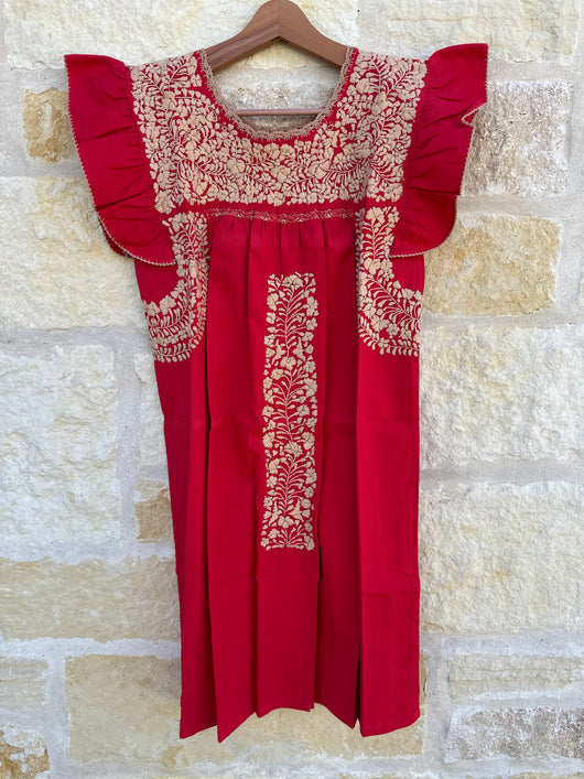 Red with Gold Embroidery Embroidery Flutter Sleeve Felicia Dress - M