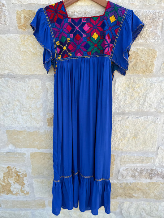 Cobalt Blue Flutter Sleeve Punto de Cruz Dress
