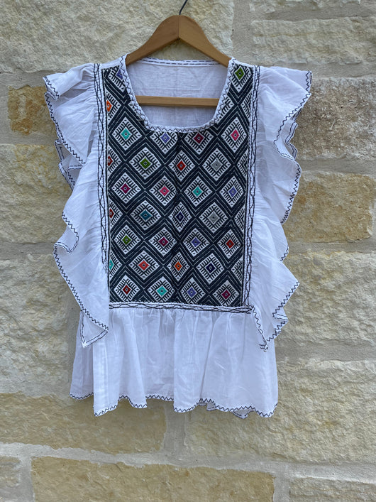 White and Gray San Andrés Flutter Sleeve Tunic Blouse M/L