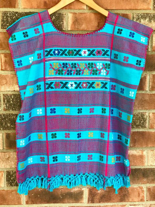 Turquoise and Red Oaxaca Fringe Top - L