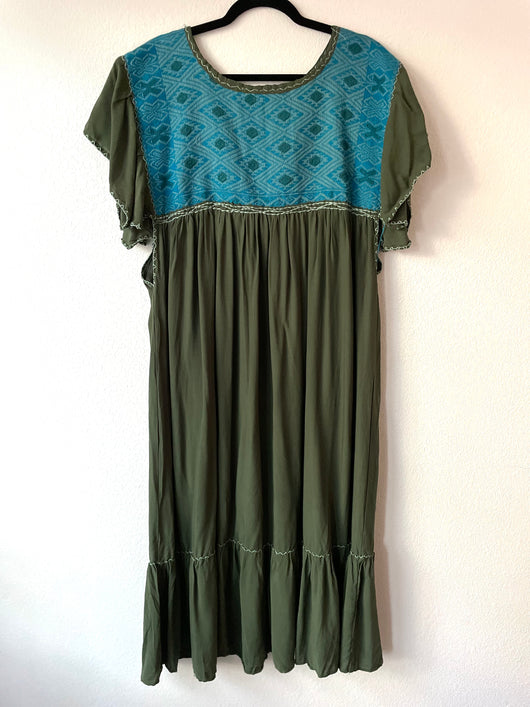 Olive Green and Turquoise Flutter Sleeve Punto de Cruz Dress L/XL