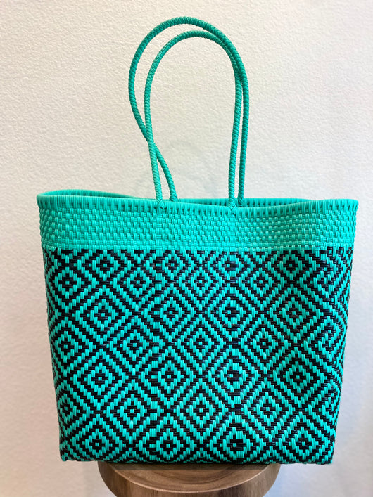 Large Turquoise and Black Woven Tote