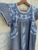 Gray Oxford with White and Gray Embroidery Flutter Sleeve Felicia Dust Ruffle Dress - M