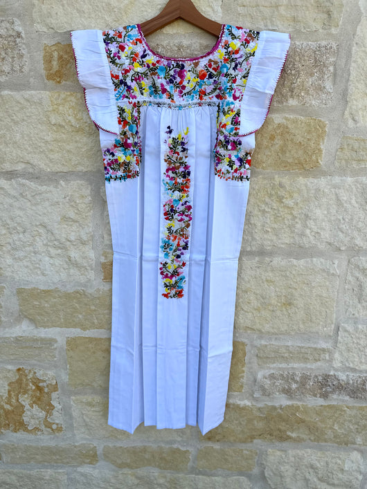 White with Multicolor Embroidery Flutter Sleeve Felicia Midi Dress - S/M