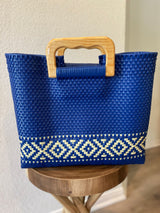 Blue Wood-Handled Woven Tote