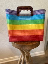 Multicolor Wood-Handled Woven Tote