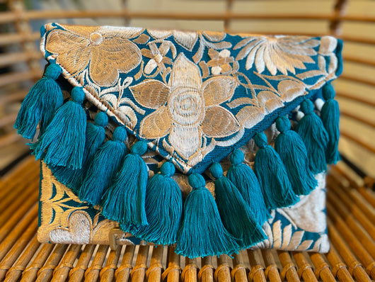 Teal and Champagne Frida Clutch with Tassels