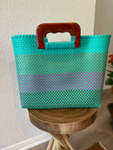Turquoise Wood-Handled Woven Tote