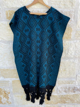 Black and Turquoise Wool Poncho