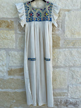 Off-White with Blue Flutter Sleeve San Andres Dress