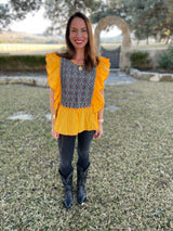 Yellow with Black and Silver San Andrés Flutter Sleeve Tunic Blouse S/M