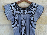 Black and White Stripe with B/W Embroidery Flutter Sleeve Felicia Blouse - M