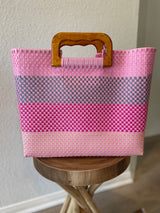 Pink Wood-Handled Woven Tote