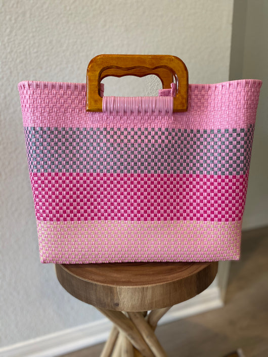 Pink Wood-Handled Woven Tote