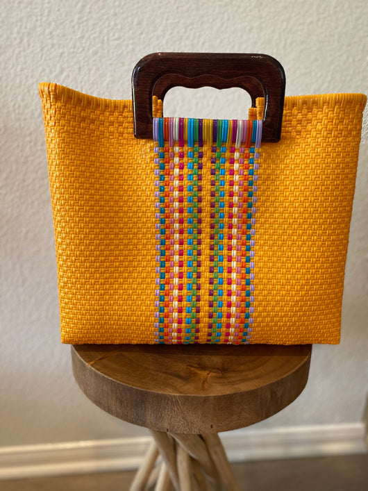 Yellow with Multi Wood-Handled Woven Tote