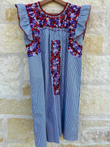 Pinstripe with Purple, Lavender and Red Embroidery Flutter Sleeve Felicia Dress - M/L