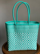 Mint Green and White Woven Tote