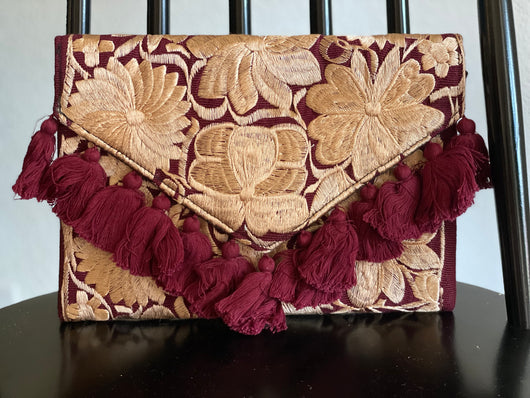 Maroon and Gold Frida Clutch with Tassels